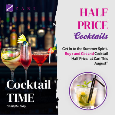 Restaurant Deals Image of three cocktails Half Price Deal - Buy one Get one Half Price